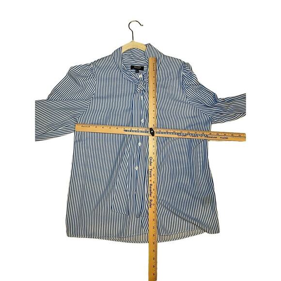 Premise Studio Shirt Women Large Blue Striped 100% Polyester Tie Neck Button-Up - Picture 4 of 5